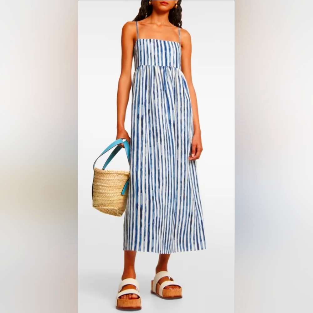 Vince painterly Stripe Ruched Dress Blue/White Size 8 New NWT